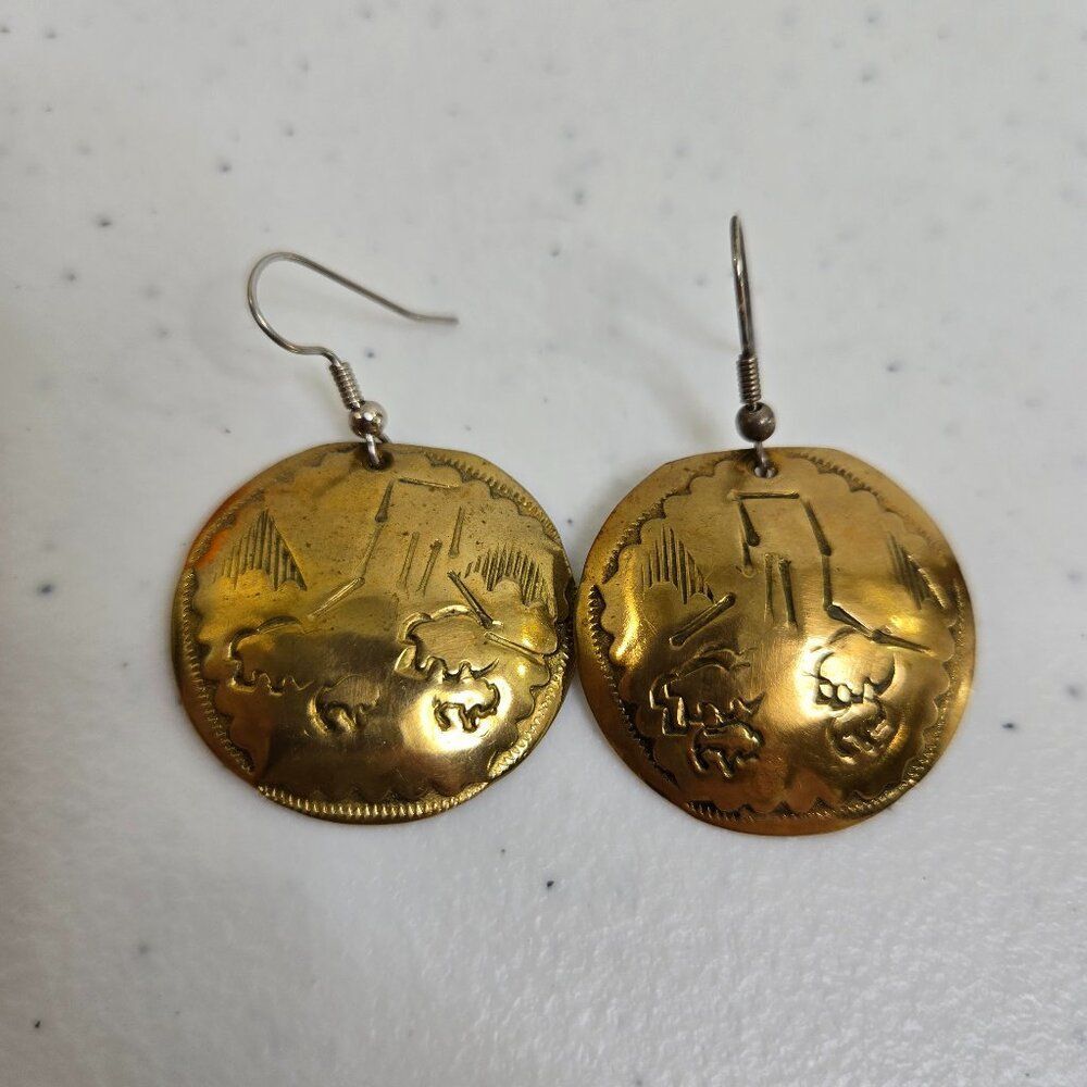 CJ Stamped Earrings Gold Tone Native American Design Buffalo Dangle Tribal Boho
